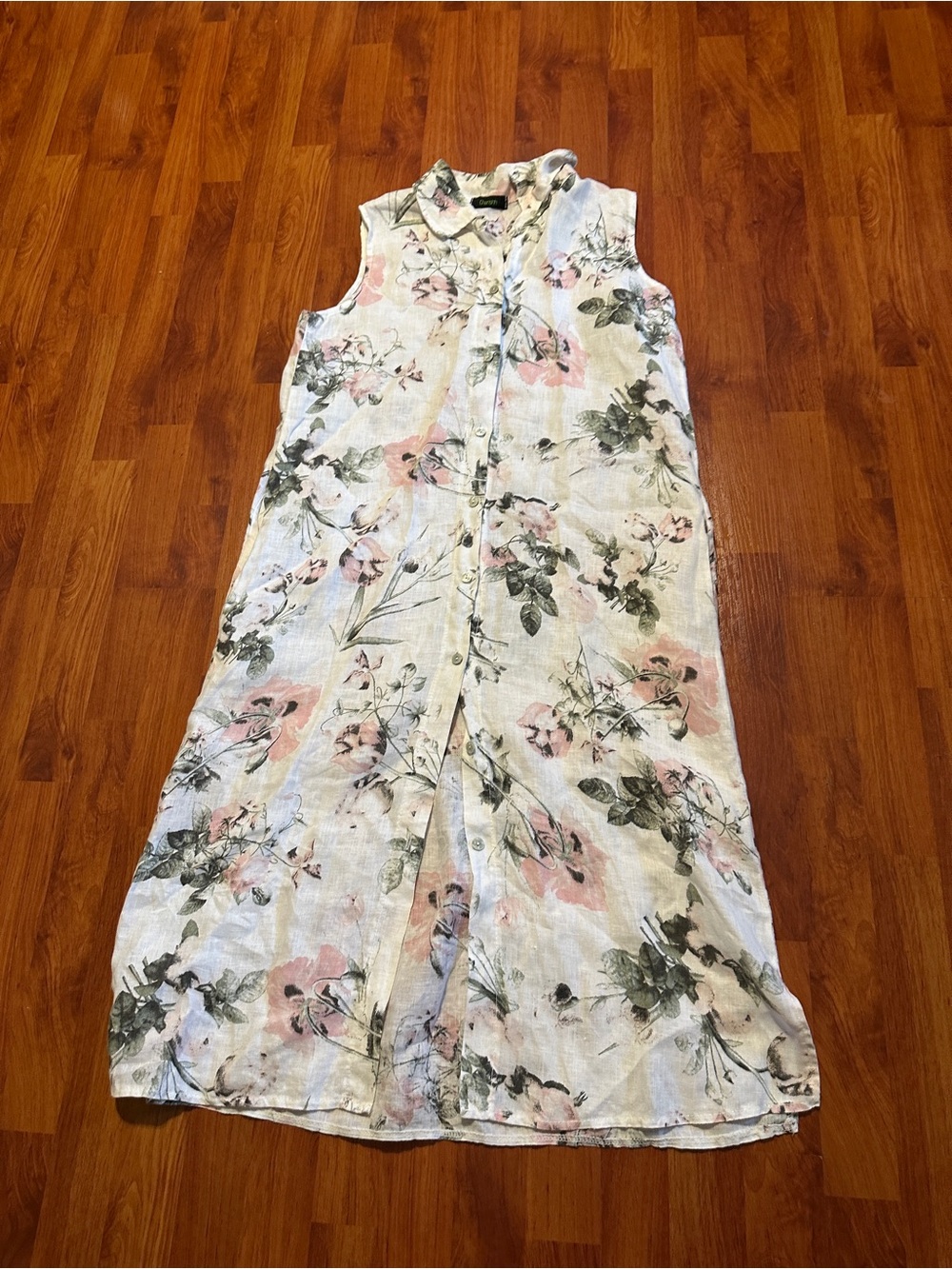 Linen White Sleeveless Midi Dress with Pink Floral Print size M - Picture 6 of 10